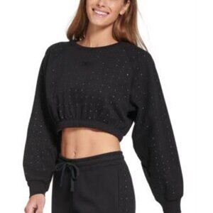 DKNY Sport Rhinestone Embellished Logo Fleece Sweatshirt - Black- Size XL
